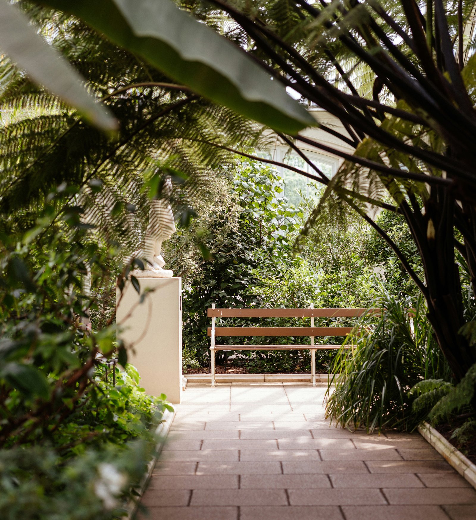 Roof terrace at O{NINE} shaded by trees, with seating overlooking the gardens