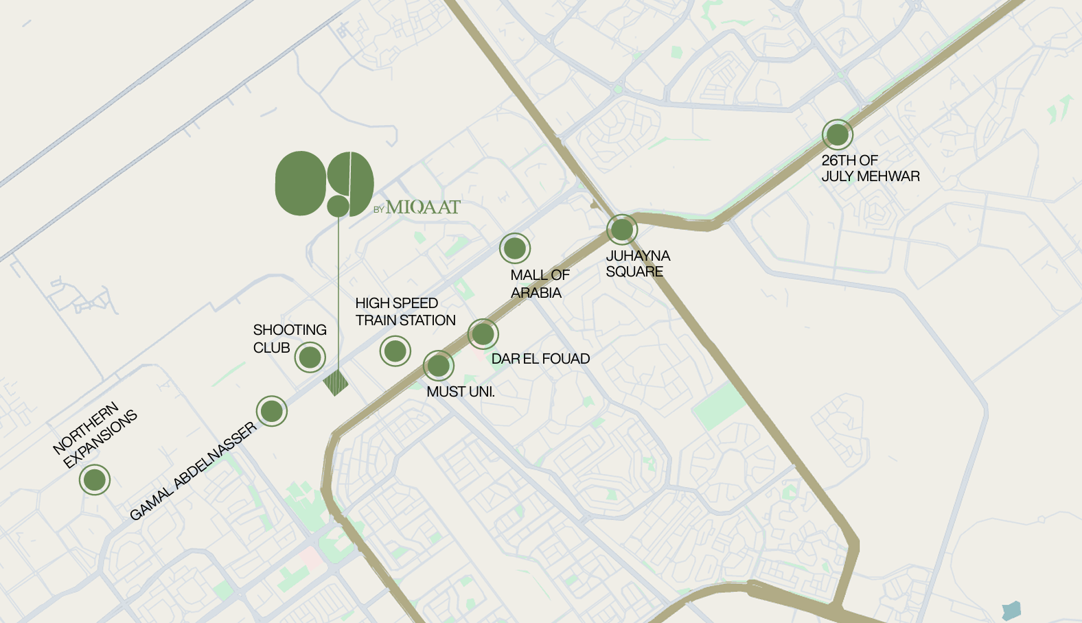 Map of O{NINE} on the Gamal Abdel Nasser axis showing nearby landmarks