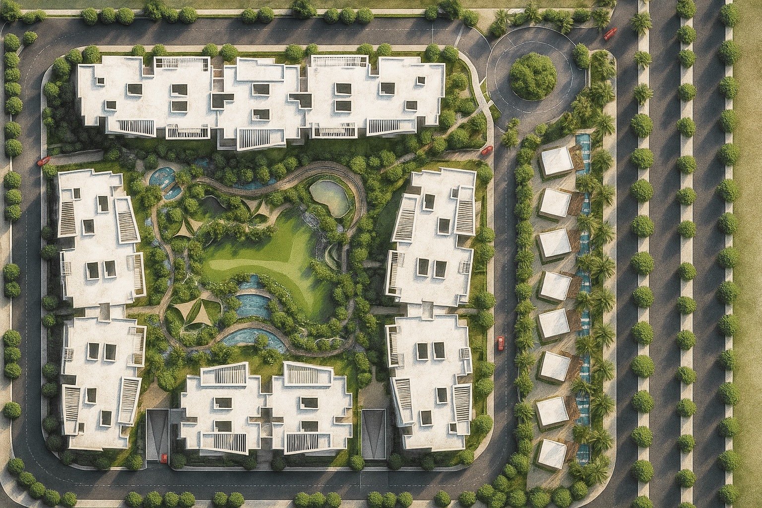 Master plan of O{NINE} — residential buildings arranged around a central green spine with water features